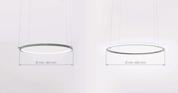Runde LED-Aufbauleuchte aus Aluminium mit feinem Rahmen, erhältlich ab Ø 360 mm bis Ø 400 mm.